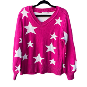 Zenana Star Pattern Balloon Sleeve V-neck Sweater Women’s Bright Pink Size Large